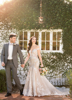 Plunging Neck Beaded Ivory Lace Tulle Deep V Pearl Buttons Back Wedding Dress